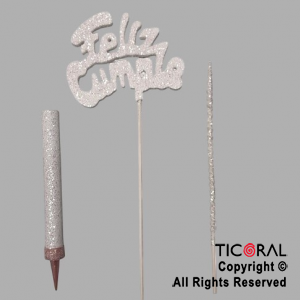 ADORNO DE TORTA SET FELIZ CUMPLE CON BENGALA Y VELA GIBRE BLANCO x 1